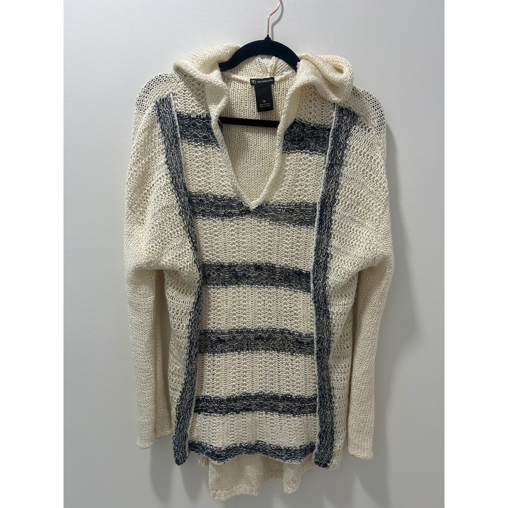 New Directions Cream Navy Striped Open Knit Hoodie Boho Sweater Women's XL